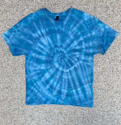 MHD Bright Blue LIght Blue White Spiral Ice Dye Tie Dye Short Sleeve Shirt 100% Cotton Size XL