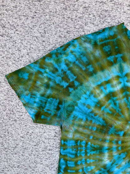 MHD Olive Green Teal Bright Blue Spiral Ice Dye Tie Dye Short Sleeve Shirt 100% Cotton Size XXL