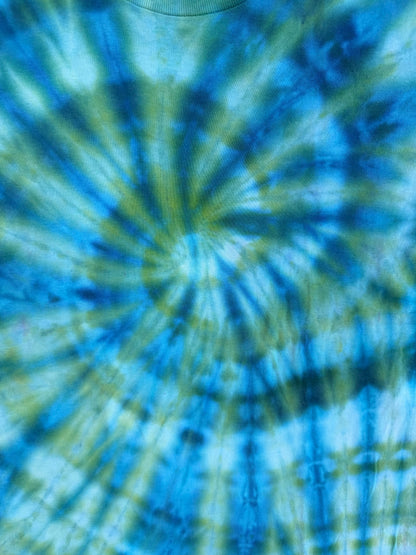 MHD Bright Blue Green Spiral Ice Dye Tie Dye Short Sleeve Shirt 100% Cotton Size Small