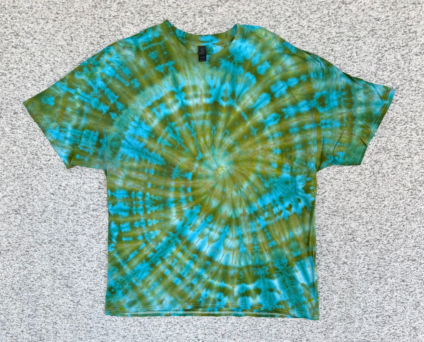 MHD Olive Green Teal Bright Blue Spiral Ice Dye Tie Dye Short Sleeve Shirt 100% Cotton Size XXL