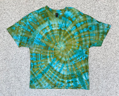 MHD Olive Green Teal Bright Blue Spiral Ice Dye Tie Dye Short Sleeve Shirt 100% Cotton Size XXL
