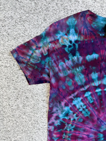 MHD Dark Purple Teal Navy Blue Spiral Ice Dye Tie Dye Short Sleeve Shirt 100% Cotton Size Medium