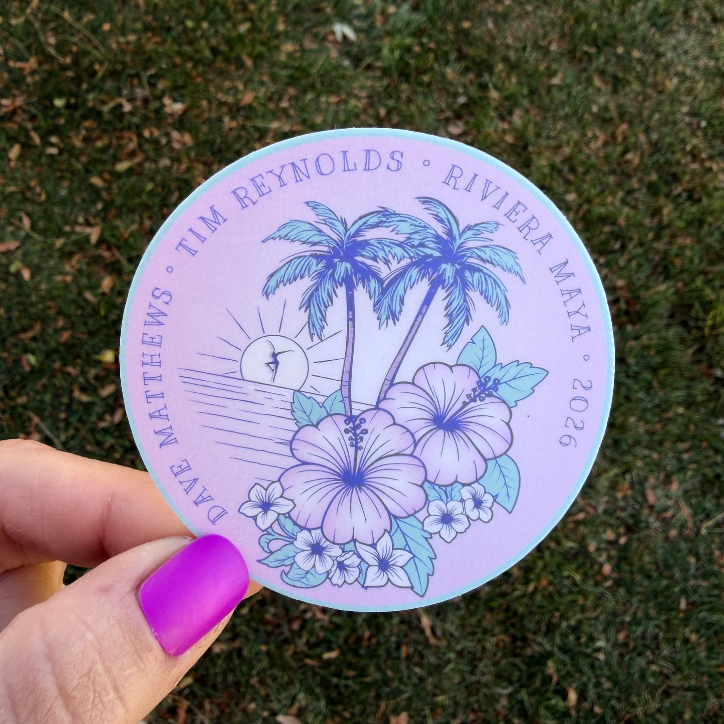 Dave Matthews Tim Reynolds Riviera Maya 2026 Purple Pink Teal Hibiscus Flowers Palm Trees Ocean Sunset Vinyl Sticker Slap 3”x 3” Matte Finish