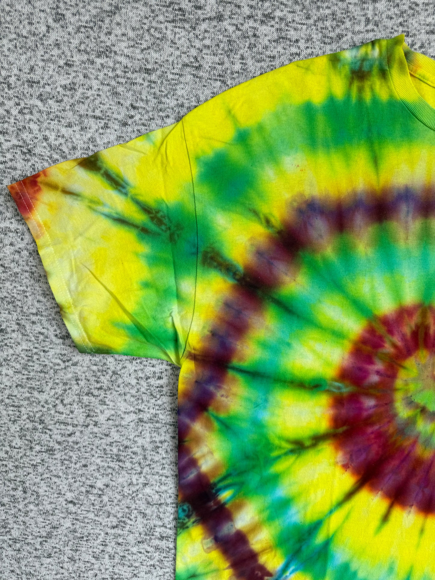 MHD Lime Green Yellow Orange Red Purple Spiral Ice Dye Tie Dye Short Sleeve Shirt 100% Cotton Size XXL