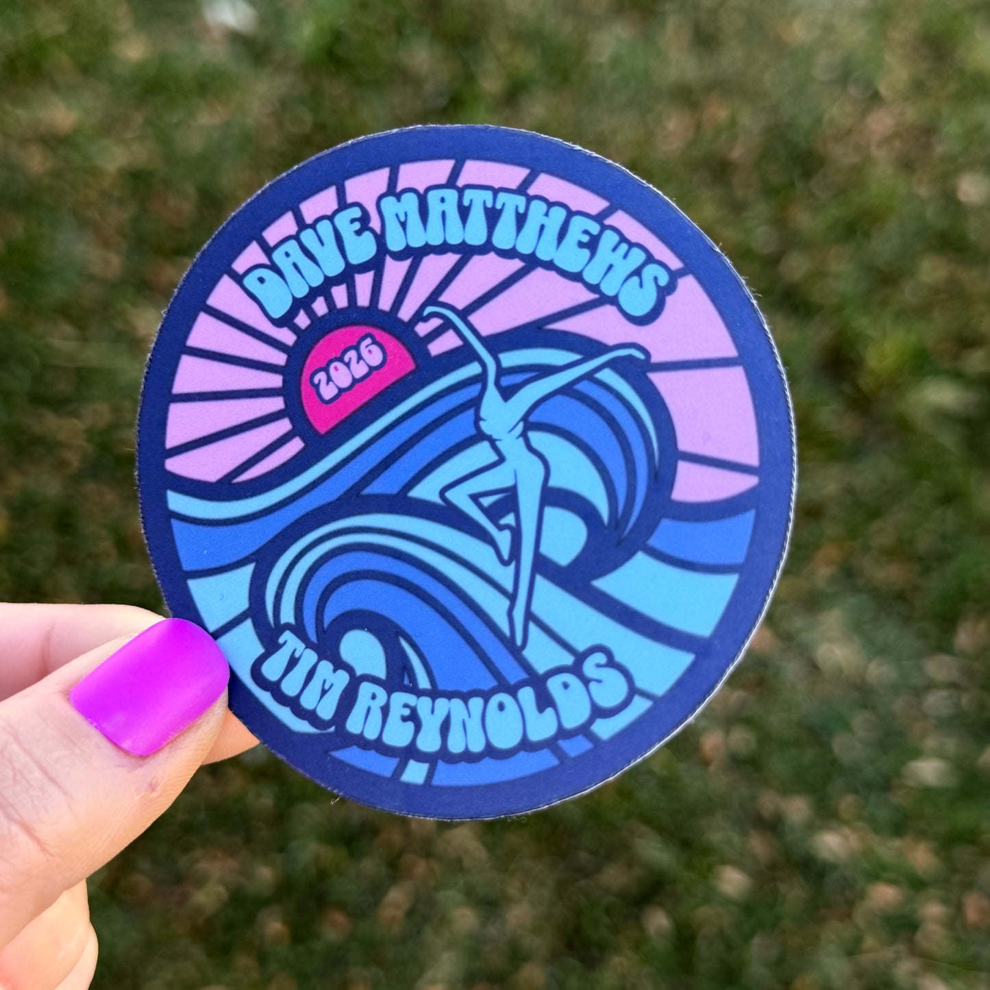 Dave Matthews Tim Reynolds Mexico 2026 Navy Blue Ocean Waves Pink Sunset with Dark Pink Sun Vinyl Sticker Slap 3" x 3" Matte Finish