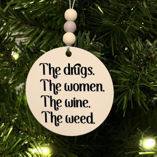 Mt. Joy The Drugs The Women The Wine The Weed Silver Lining Black White Metal Holiday Christmas Ornament with Beads with Gift Box 2 Sizes: 2.75" x 2.75" or 3.5" x 3.5"