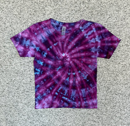 MHD Kids Dark Purple Pink Blue Spiral Ice Dye Tie Dye Short Sleeve Shirt 100% Cotton Size XS