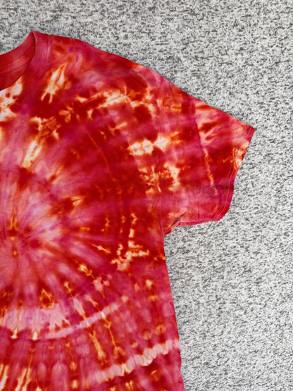 MHD Red Dark Orange Yellow Coral Spiral Ice Dye Tie Dye Short Sleeve Shirt 100% Cotton Size XL