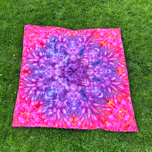 MHD Tie Dye Ice Dye Mandala Flower Pink Purple Orange Blue Tapestry Psychedelic Wall Hanging Festival Concert Tarp 100% Cotton 59" x 59"