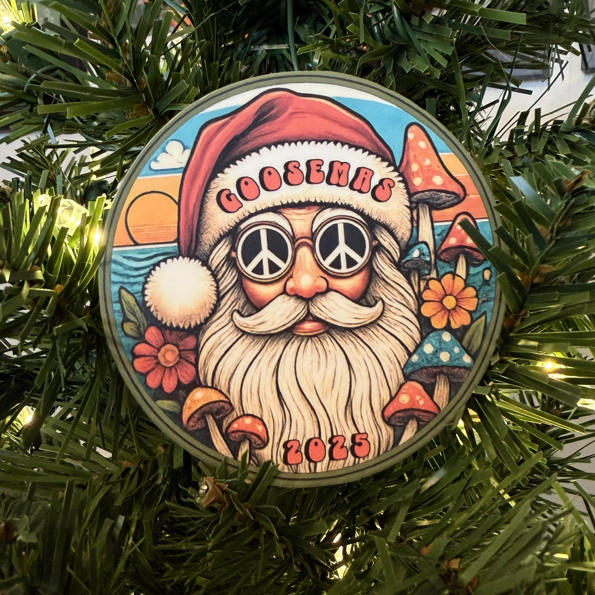 Goose Goosemas 2025 Hippie Santa Peace Sign Sunglasses Mushrooms Flowers Ocean Waves Sunset Vinyl Sticker Slap 3" x 3" Matte Finish