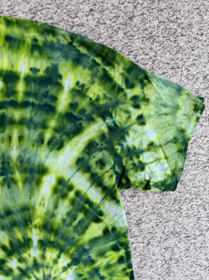 MHD Dark Green Light Green Yellow Spiral Ice Dye Tie Dye Short Sleeve Shirt 100% Cotton Size XXL