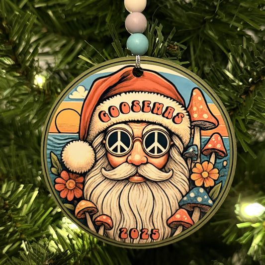Goose Goosemas Hippie Santa Peace Sign Sunglasses Mushrooms Flowers Ocean Waves Metal Holiday Christmas Ornament with Beads with Gift Box 2 Sizes: 2.75" x 2.75" or 3.5" x 3.5"