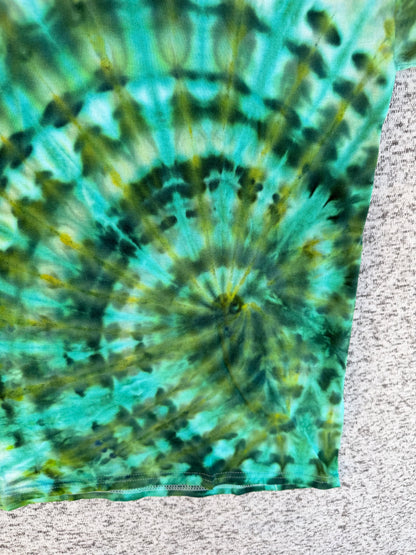 MHD Dark Green Olive Green Teal Spiral Ice Dye Tie Dye Short Sleeve Shirt 100% Cotton Size Large