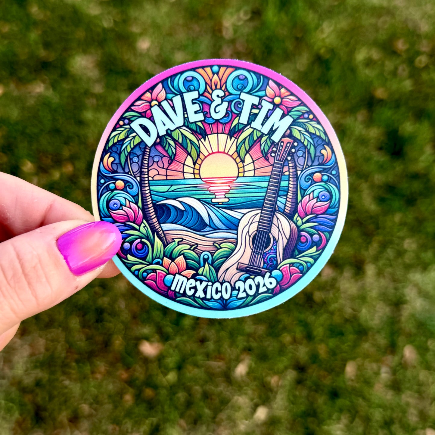 Dave & Tim Mexico 2026 Palm Trees Sunset Ocean Beach Guitar Stained Glass Vinyl Sticker Slap 3" x 3" Matte Finish