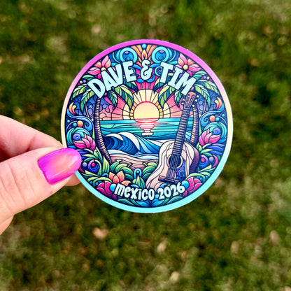 Dave & Tim Mexico 2026 Palm Trees Sunset Ocean Beach Guitar Stained Glass Vinyl Sticker Slap 3" x 3" Matte Finish