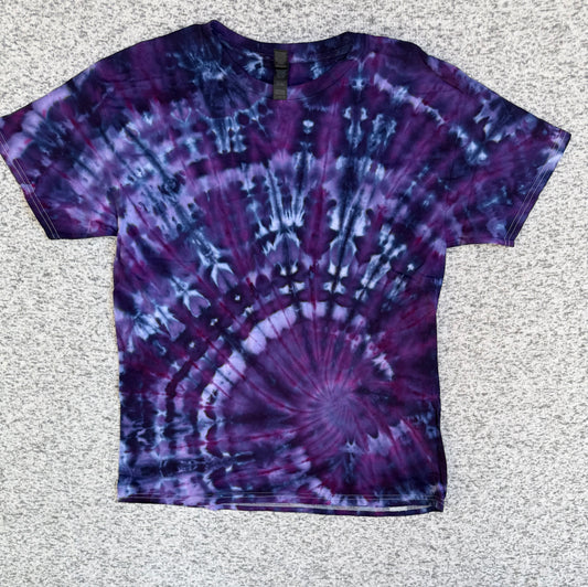 MHD Dark Purple Navy Blue Lavender Spiral Ice Dye Tie Dye Short Sleeve Shirt 100% Cotton Size Large