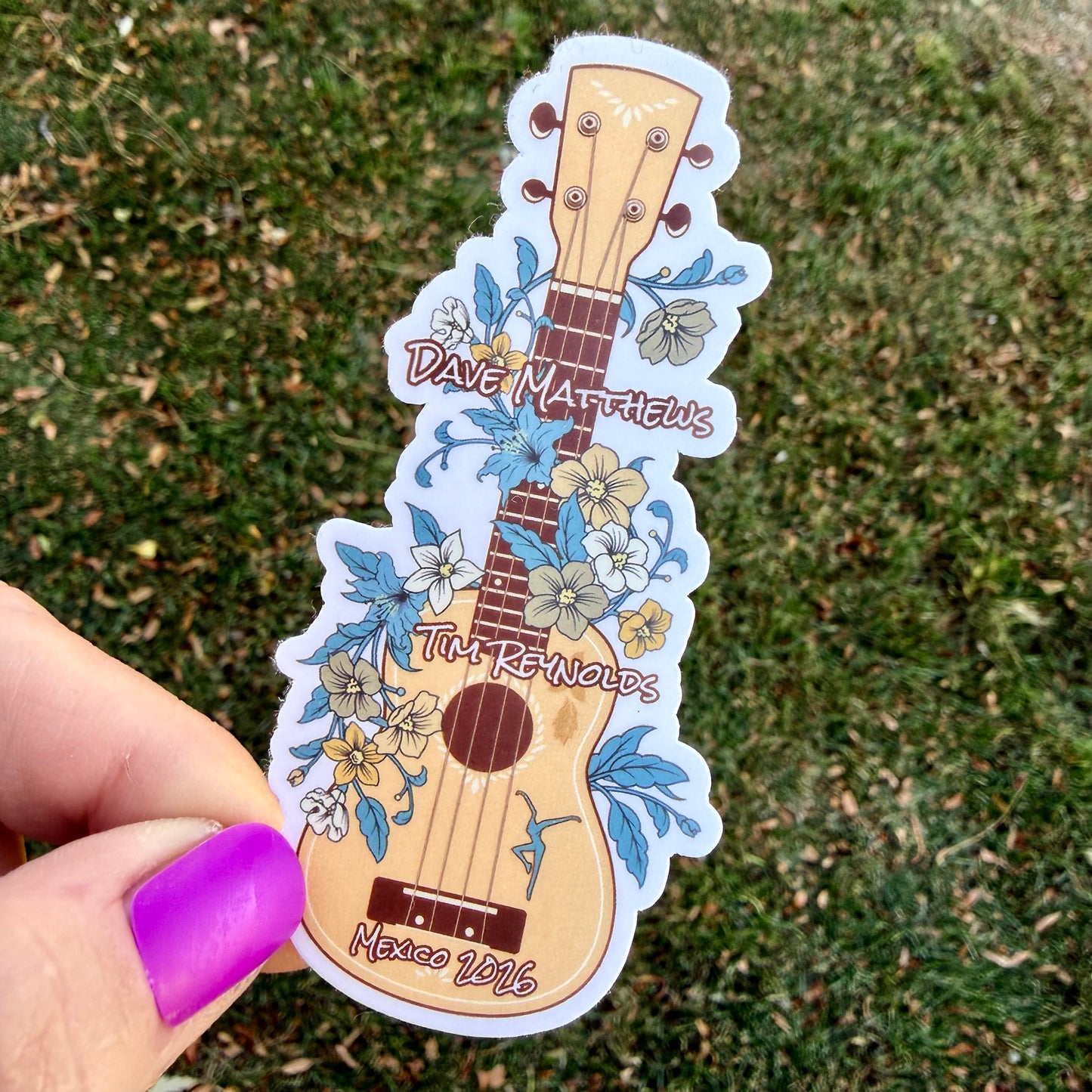 Dave Matthews Tim Reynolds Mexico 2026 Guitar Blue Yellow Green Hibiscus Flowers Vinyl Sticker Slap 3.6” x 1.75” Matte Finish