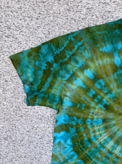MHD Hunter Green Olive Green Teal Bright Blue Spiral Ice Dye Tie Dye Short Sleeve Shirt 100% Cotton Size XXL