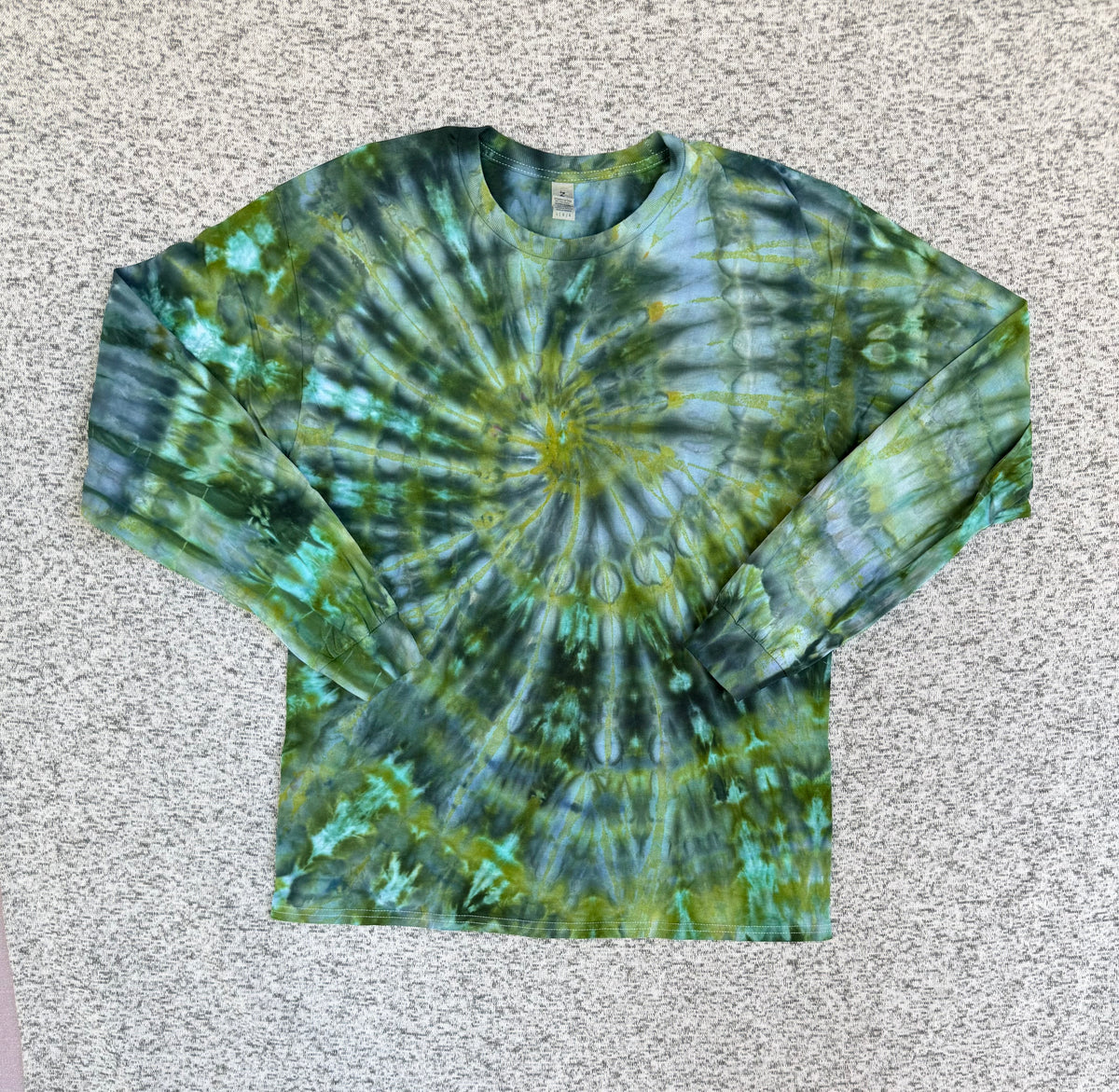 MHD Dark Green Olive Green Navy Blue Spiral Ice Dye Tie Dye Long Sleeve Shirt 100% Cotton Size Large
