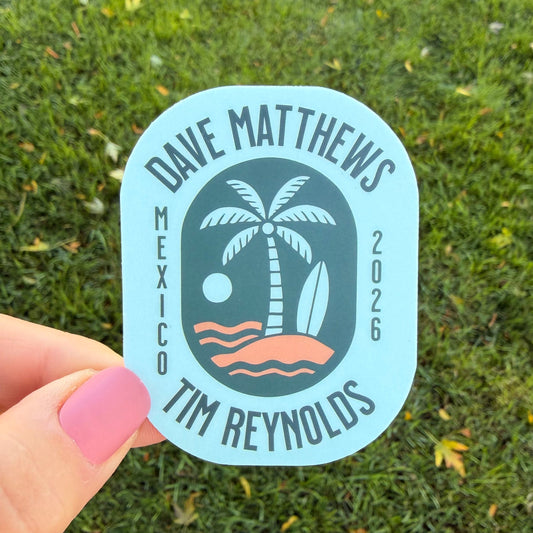 Dave Matthews Tim Reynolds Mexico 2026 Light Blue Green Palm Tree Beach Ocean Vinyl Sticker Slap 2.75" x 2.15" Matte Finish