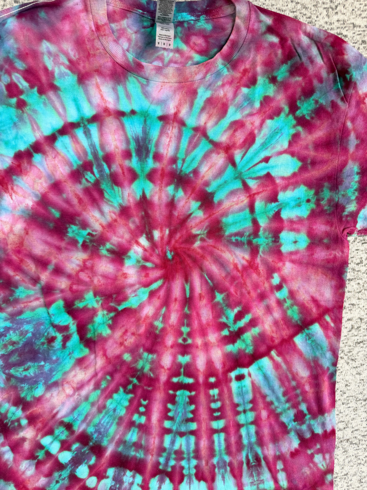 MHD Pink Purple Teal Spiral Ice Dye Tie Dye Short Sleeve Shirt 100% Cotton Size Medium