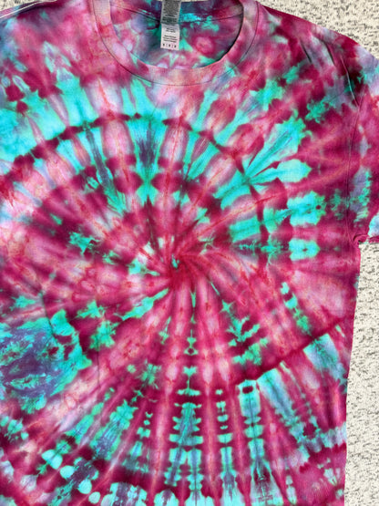 MHD Pink Purple Teal Spiral Ice Dye Tie Dye Short Sleeve Shirt 100% Cotton Size Medium