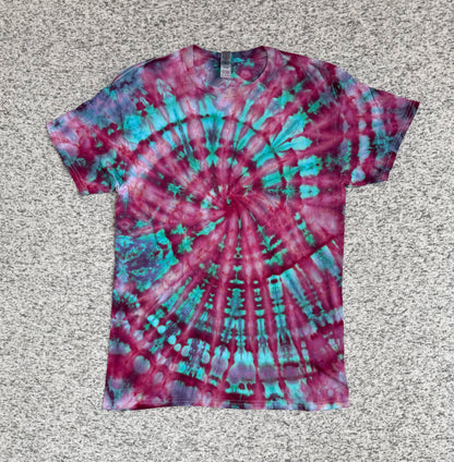 MHD Pink Purple Teal Spiral Ice Dye Tie Dye Short Sleeve Shirt 100% Cotton Size Medium