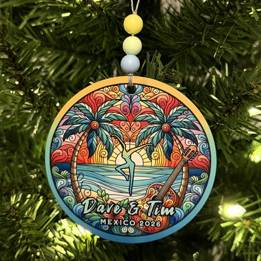 Dave & Tim Mexico 2026 Stained Glass Palm Trees Sunset Ocean Waves Yellow Teal Pink Blue Metal Holiday Christmas Ornament with Beads with Gift Box 2 Sizes: 2.75" x 2.75" or 3.5" x 3.5"