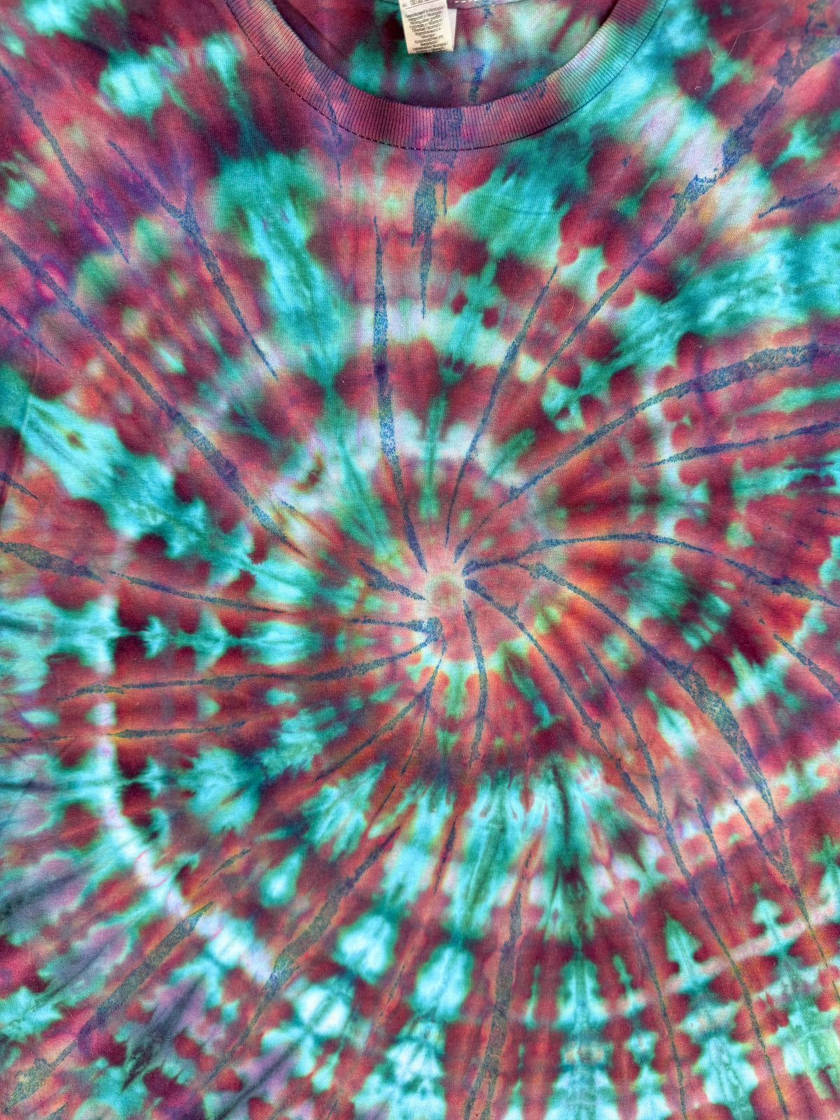 MHD Dark Purple Navy Blue Green Teal Spiral Ice Dye Tie Dye Short Sleeve Shirt 100% Cotton Size XL