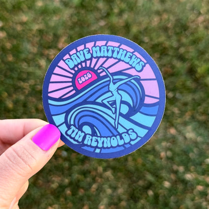 Dave Matthews Tim Reynolds Mexico 2026 Navy Blue Ocean Waves Pink Sunset with Dark Pink Sun Vinyl Sticker Slap 3" x 3" Matte Finish