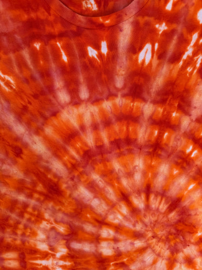 MHD Dark Orange Bright Orange Red Spiral Ice Dye Tie Dye Short Sleeve Shirt 100% Cotton Size XL