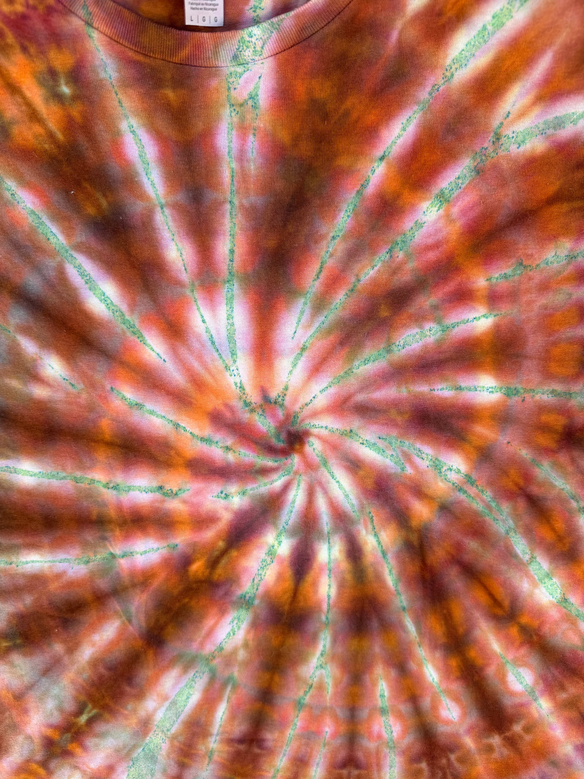 MHD Orange Brown Green Spiral Ice Dye Tie Dye Short Sleeve Shirt 100% Cotton Size Large