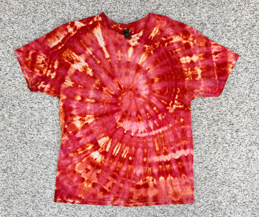 MHD Red Dark Orange Yellow Coral Spiral Ice Dye Tie Dye Short Sleeve Shirt 100% Cotton Size XL