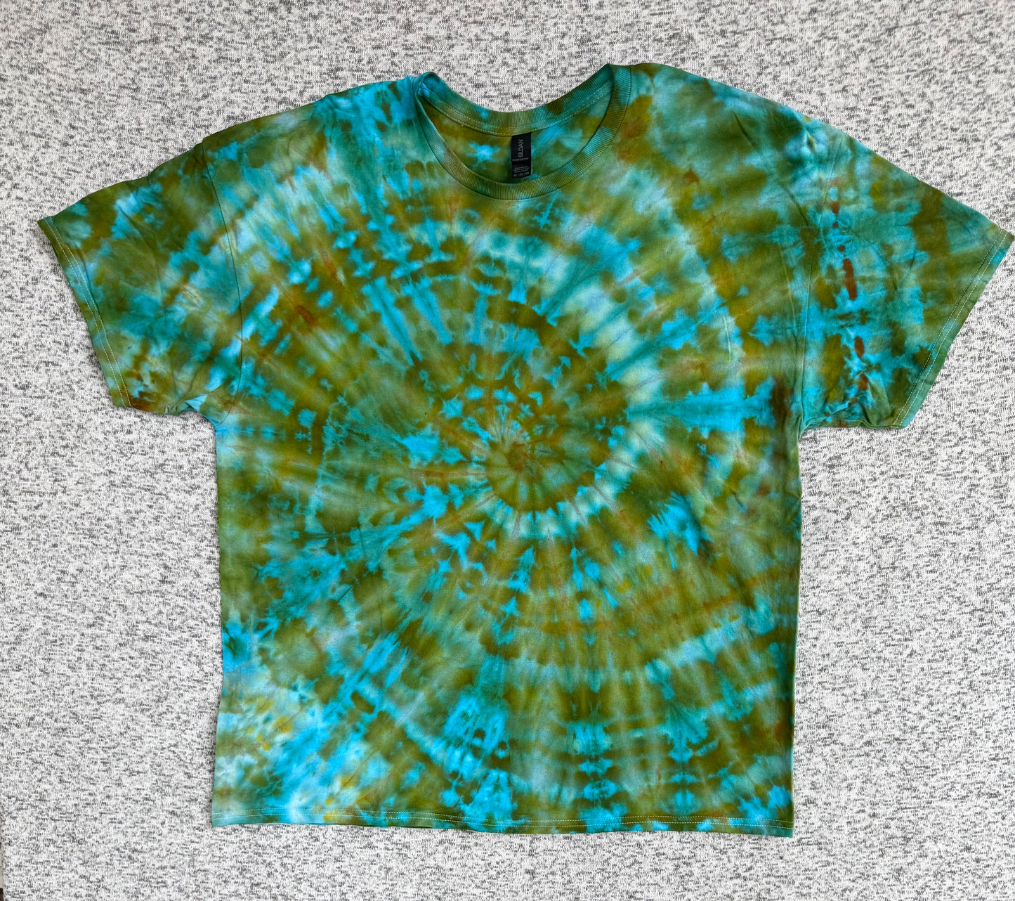 MHD Olive Green Bright Blue Spiral Ice Dye Tie Dye Short Sleeve Shirt 100% Cotton Size XXL