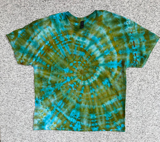 MHD Olive Green Bright Blue Spiral Ice Dye Tie Dye Short Sleeve Shirt 100% Cotton Size XXL