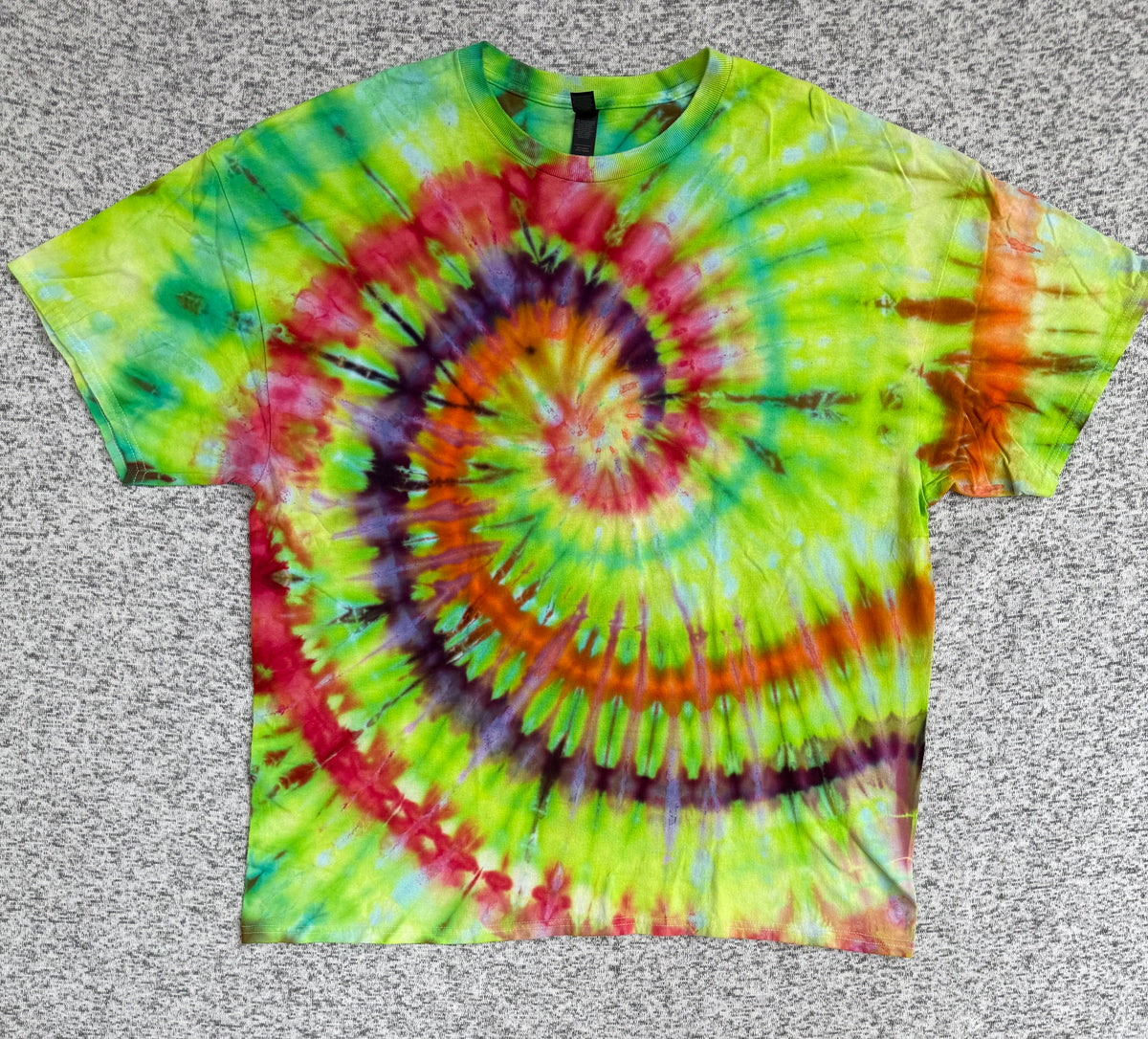 MHD Lime Green Orange Pink Purple Spiral Ice Dye Tie Dye Short Sleeve Shirt 100% Cotton Size XXL