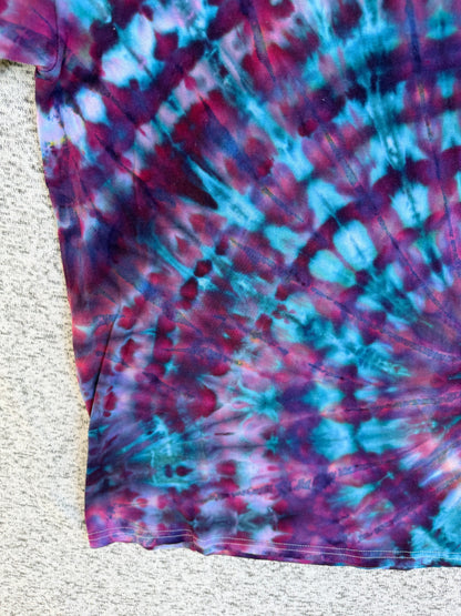 MHD Dark Purple Navy Blue Teal Lavender Spiral Ice Dye Tie Dye Short Sleeve Shirt 100% Cotton Size Large