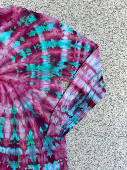 MHD Pink Purple Teal Spiral Ice Dye Tie Dye Long Sleeve Shirt 100% Cotton Size Medium