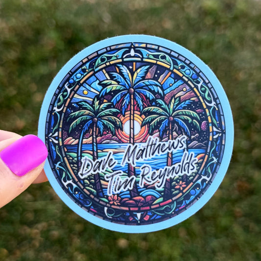 Dave Matthews Tim Reynolds Blue Green Stained Glass Palm Trees Ocean Sunset Mexico 2026 Vinyl Sticker Slap 3" x 3" Matte Finish
