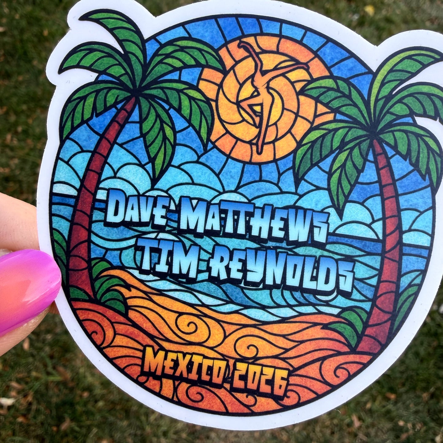 Dave Matthews Tim Reynolds Mexico 2026 Palm Trees Sun Ocean Waves Beach Stained Glass Vinyl Sticker Slap 3" x 3" Matte Finish