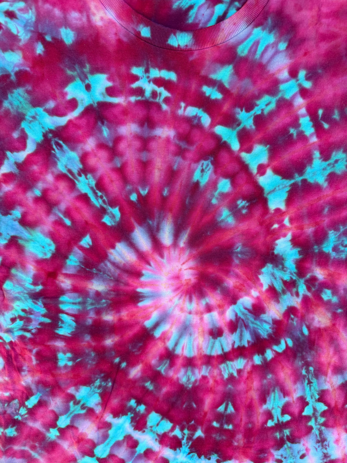 MHD Dark Pink Purple Teal Blue Spiral Ice Dye Tie Dye Short Sleeve Shirt 100% Cotton Size Large