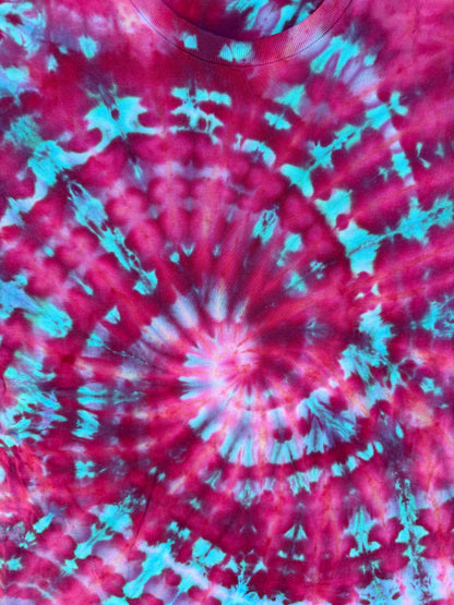 MHD Dark Pink Purple Teal Blue Spiral Ice Dye Tie Dye Short Sleeve Shirt 100% Cotton Size Large