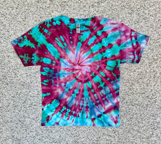 MHD Kids Pink Purple Teal Blue Spiral Ice Dye Tie Dye Short Sleeve Shirt 100% Cotton Size Medium