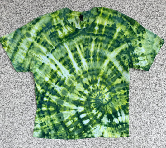 MHD Dark Green Light Green Yellow Spiral Ice Dye Tie Dye Short Sleeve Shirt 100% Cotton Size XXL