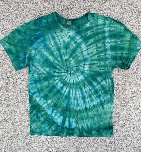 MHD Green Navy Blue Light Green Spiral Ice Dye Tie Dye Short Sleeve Shirt 100% Cotton Size Large