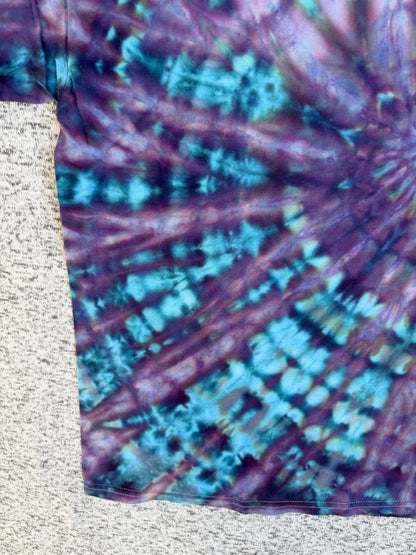 MHD Purple Dusty Rose Dark Blue Teal Spiral Ice Dye Tie Dye Short Sleeve Shirt 100% Cotton Size XL