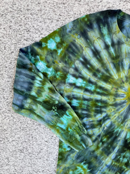 MHD Dark Green Olive Green Navy Blue Spiral Ice Dye Tie Dye Long Sleeve Shirt 100% Cotton Size Large