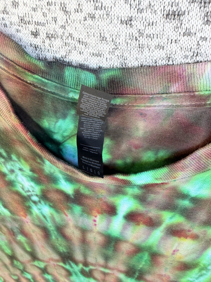 MHD Dark Green Purple Light Green Spiral Ice Dye Tie Dye Short Sleeve Shirt 100% Cotton Size Large