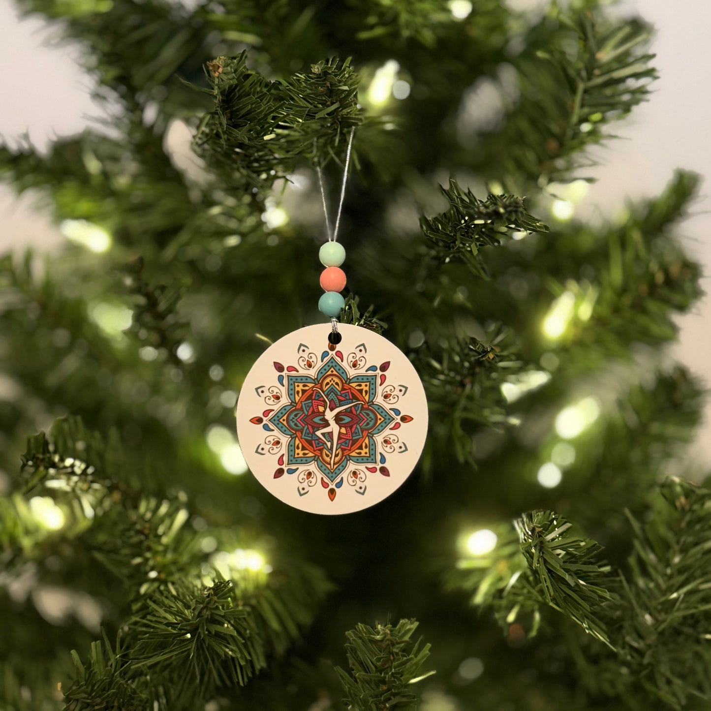 Teal Pink Blue Yellow Brown White Mandala Metal Holiday Christmas Ornament with Beads with Gift Box 2 Sizes: 2.75" x 2.75" or 3.5" x 3.5"
