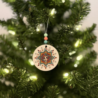 Teal Pink Blue Yellow Brown White Mandala Metal Holiday Christmas Ornament with Beads with Gift Box 2 Sizes: 2.75" x 2.75" or 3.5" x 3.5"